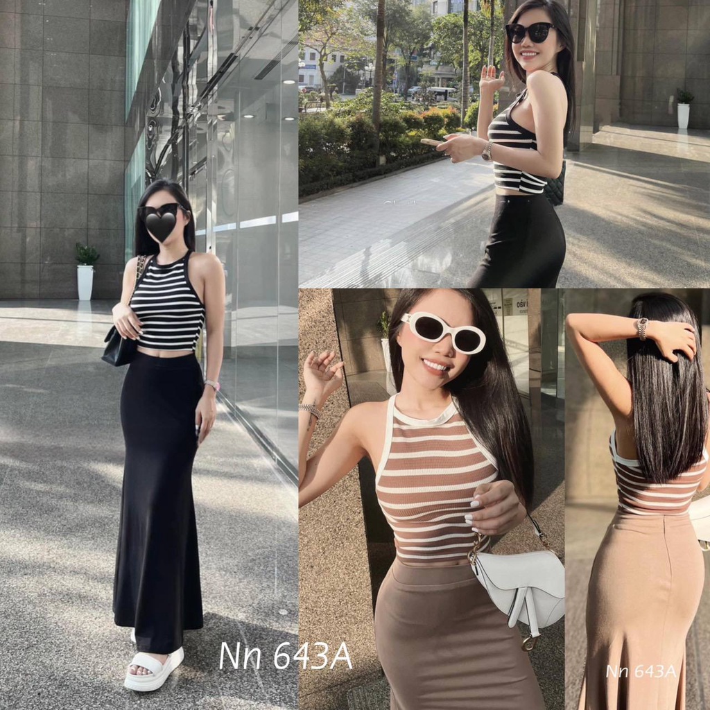 Set áo ba lỗ kẻ ngang + chân váy đuôi cá dáng dài chất coton tàu dày dặn