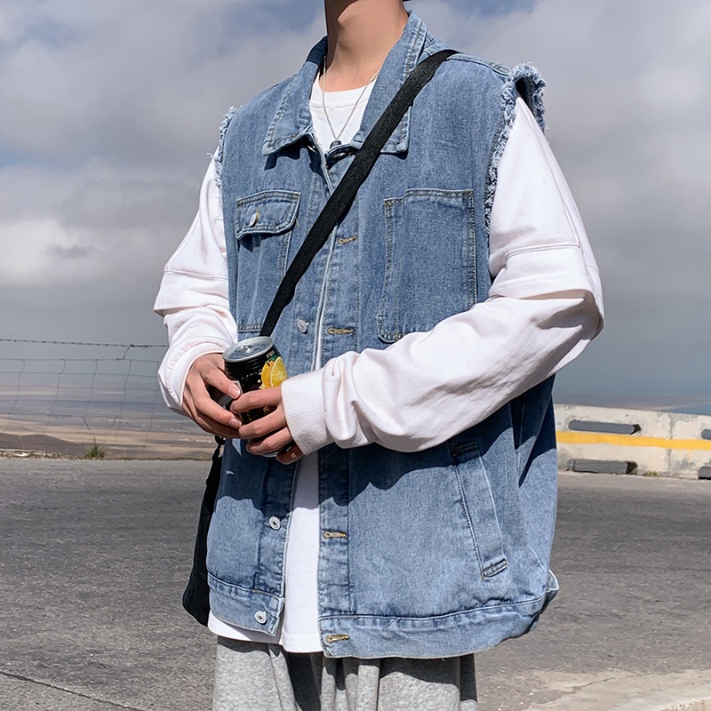 Áo jean gile nam form rộng, áo rin ghile nam dáng rộng tưa cánh tay phong cách hiphop 8002