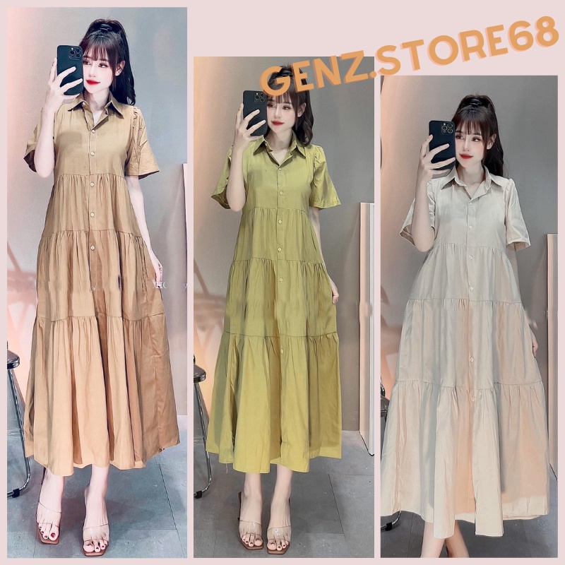 Váy babydoll dáng dài đầm nữ Genz Store tay ngắn chất liệu cotton khô cổ bẻ