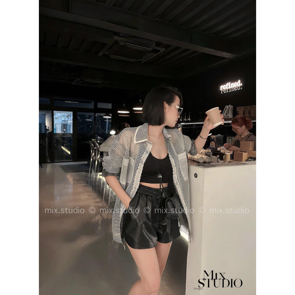 Áo sơ mi lưới đen trắng túi ngực 2 bên (kèm ảnh thật)