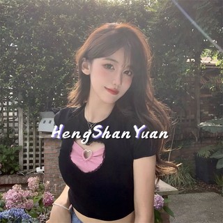 Áo thun nữ HENG SHAN YUAN ngắn tay in họa tiết trái tim thời trang 2023