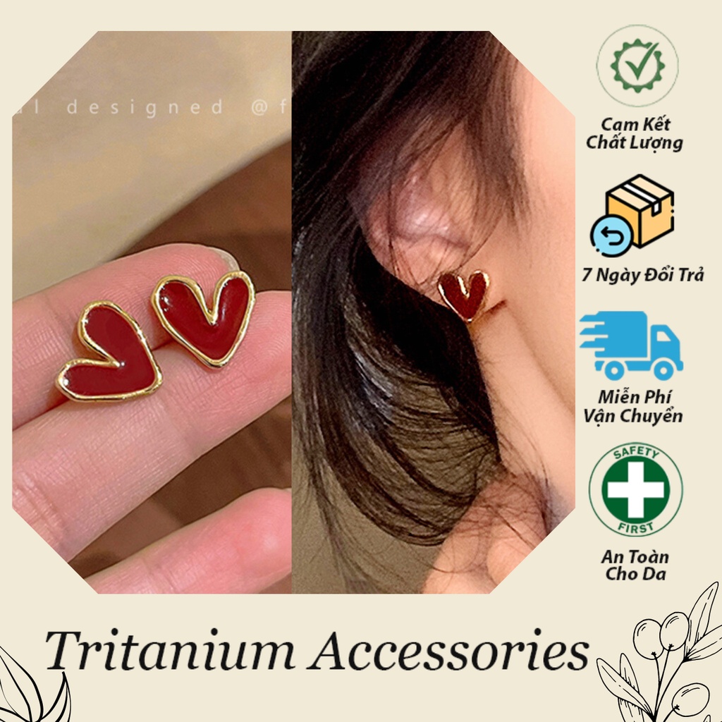 Bông Tai Hình Trái Tim Đỏ Phong Cách Vintage Hàn Quốc Mạ Bạc S925 Sang Trọng (E17)
