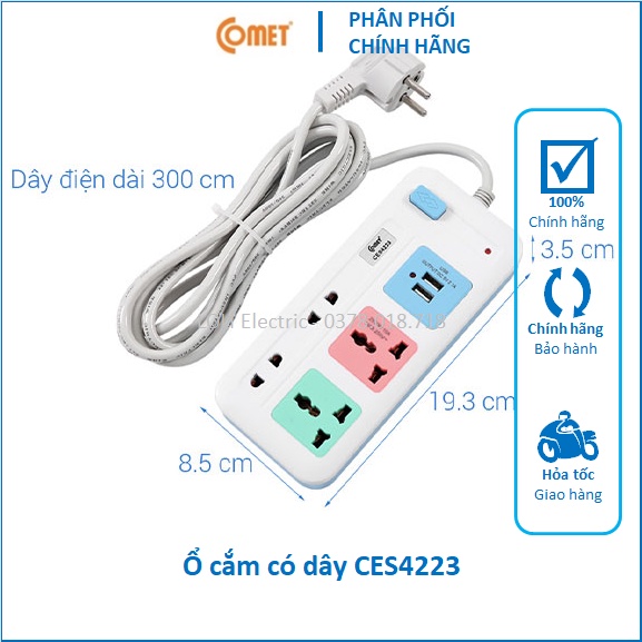 Ổ cắm điện Comet có dây dài 1 mét 2 mét 3 mét 5 mét có USB 2500W 1800W - LOLi Electric