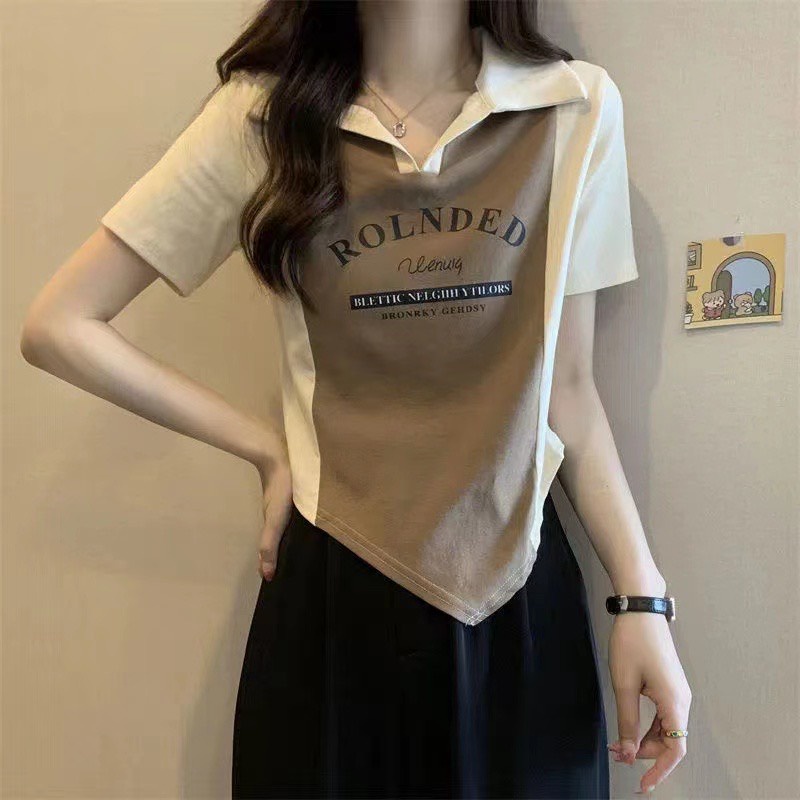 Áo Kiểu Cổ Polo Ngắn Tay Dáng Vạt Xéo Phối Màu Phong Cách Cá Tính