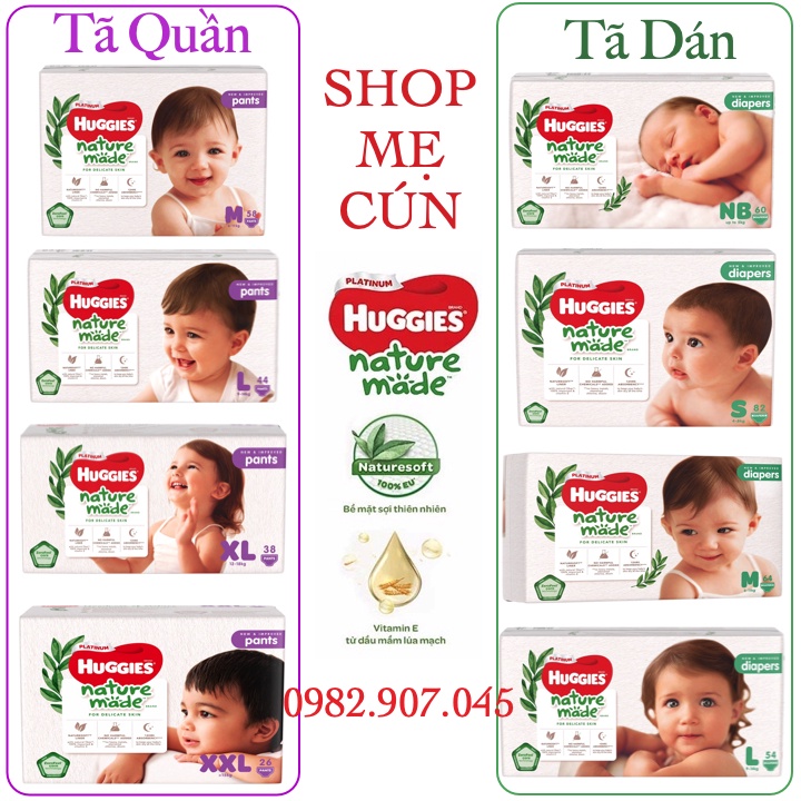 Tã Huggies Nature Made dán S82/M64/L54/XL44, quần M58/L44/XL38/XXL26