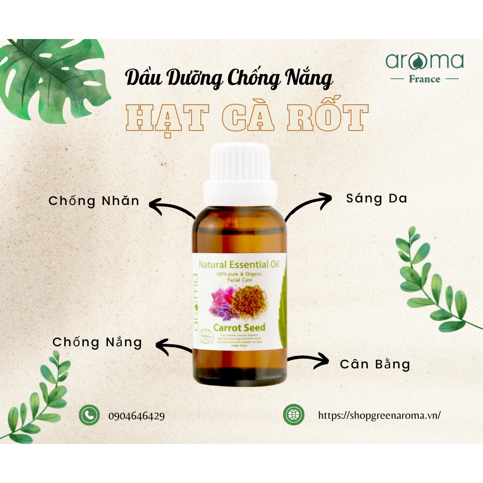 Dầu massage mặt hạt Cà rốt Aroma - Carrot Seed Facial Oil - Dưỡng ẩm, sáng da, trẻ lâu, chống nắng, chống nhăn 30ml