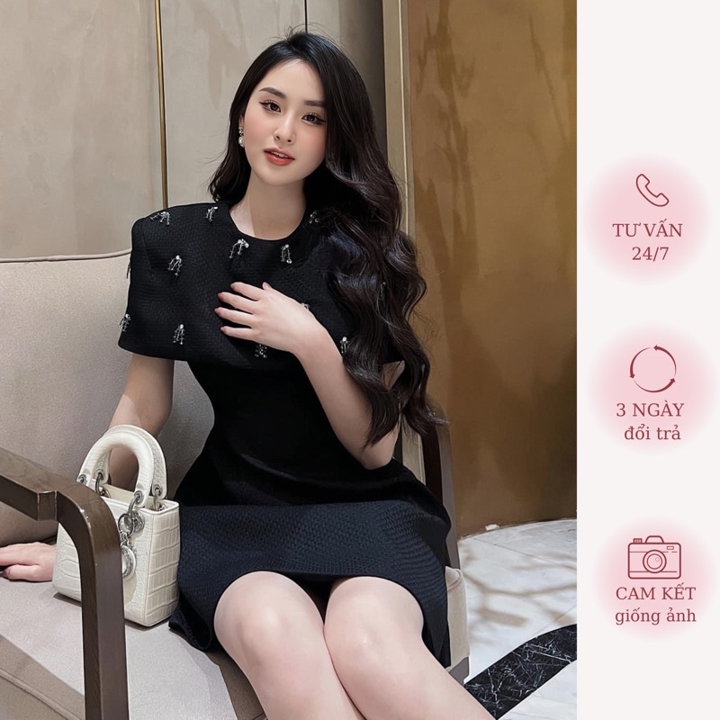 Đầm Vai Chùm Kèm Nơ Đá Có Ảnh Thật | MERRCHUYENVAY