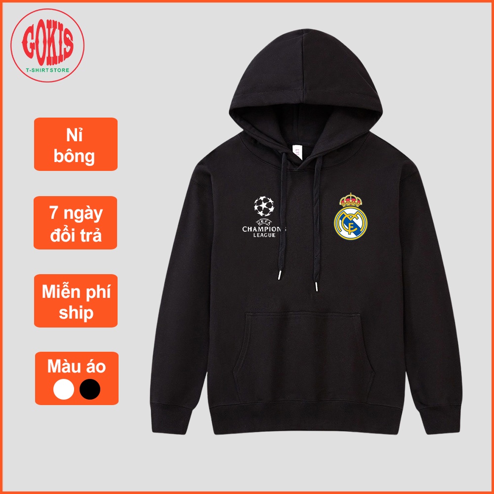 Áo hoodie Real Madrid form rộng vải nỉ bông in logo - Áo khoác nỉ dành cho fan Real có mũ trùm đầu - Gokis shop