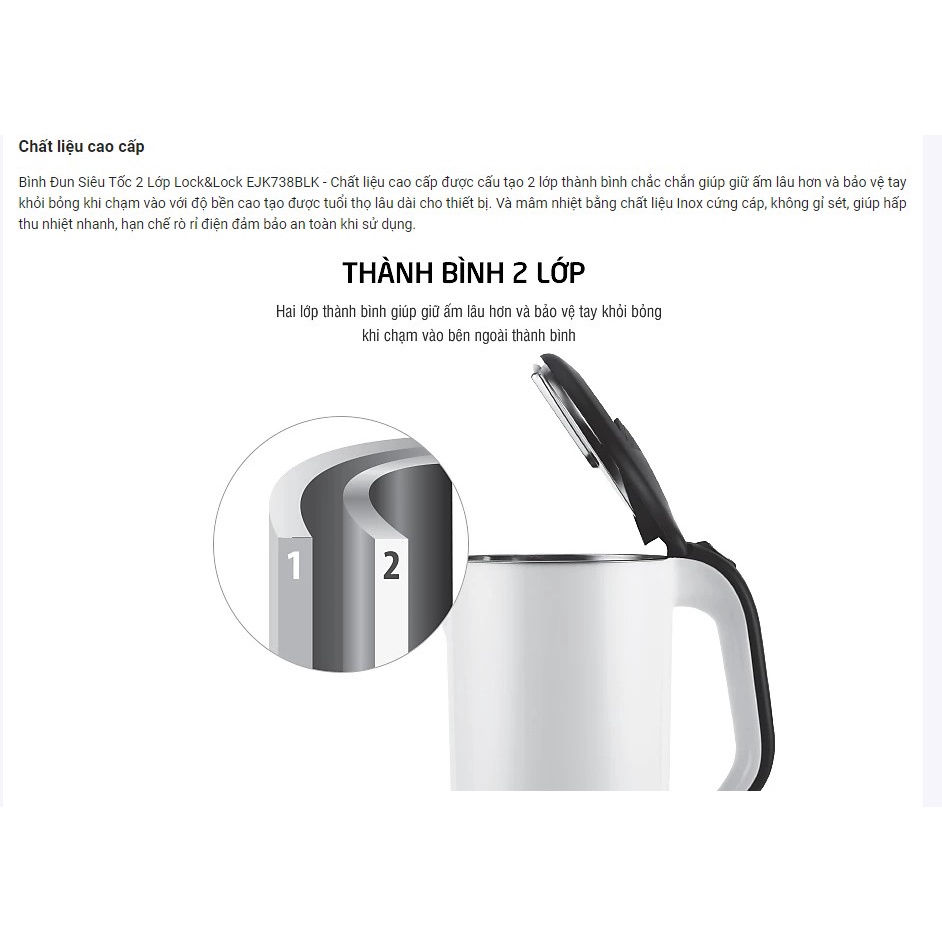 Ấm Đun Siêu Tốc Lock&Lock 2 Lớp EJK738WHT  - Hàng Chính Hãng, Bảo Hành 12 Tháng
