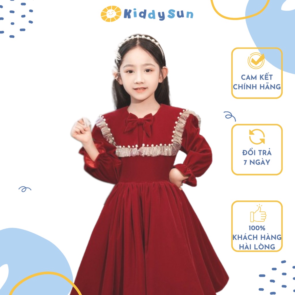Váy bé gái KiddySun nhung đỏ cổ nơ tiểu thư siêu xinh mềm mịn an toàn dành cho bé gái2,3,4,5,6,7,8,9,10,11,12 tuổi[V357]