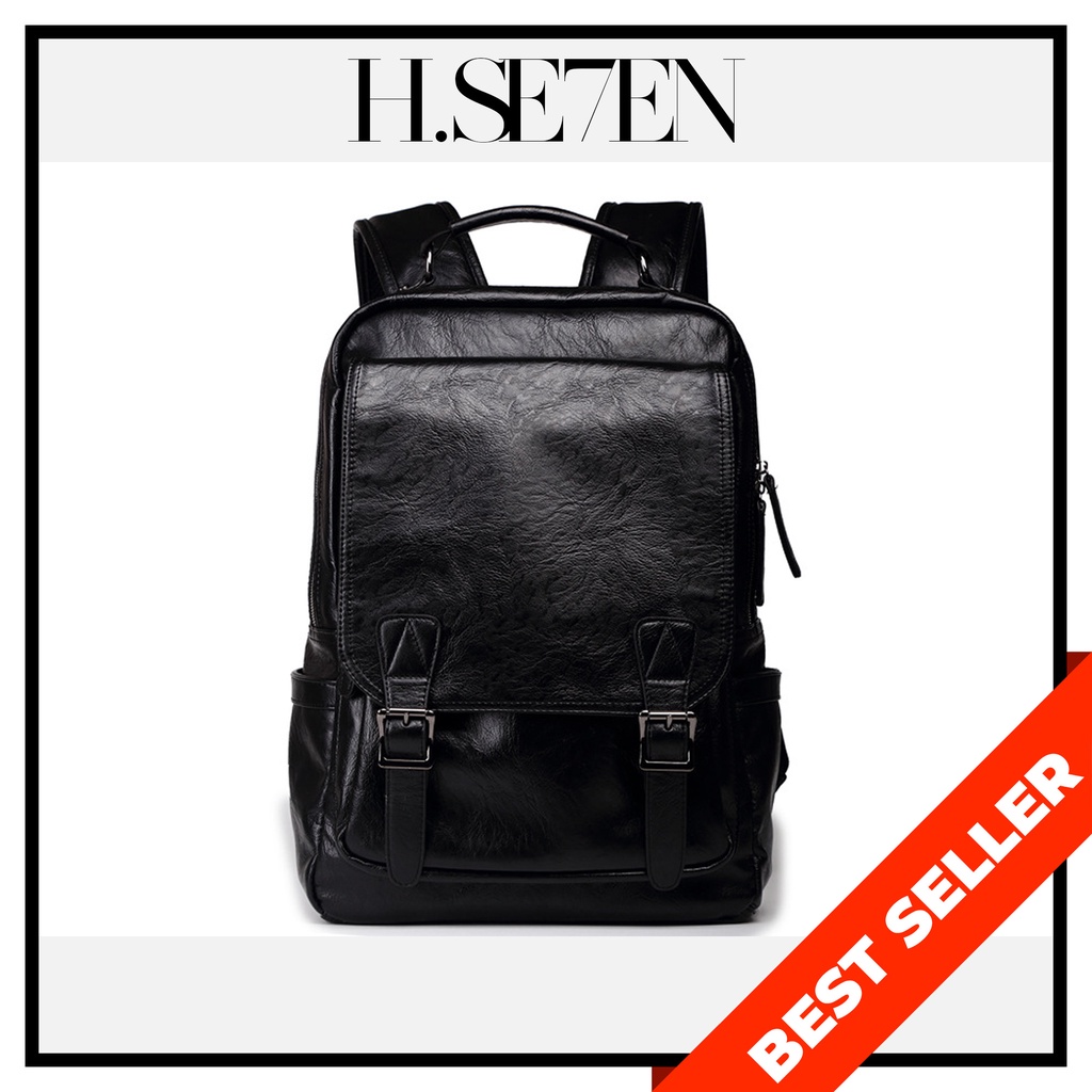 BALO DA PU ĐEN TRƠN NẮP DÀI UNISEX NAM NỮ THỜI TRANG DU LỊCH CÓ CỔNG USB TIỆN LỢI SẠC PIN (VỪA LAPTOP 14 INCH)