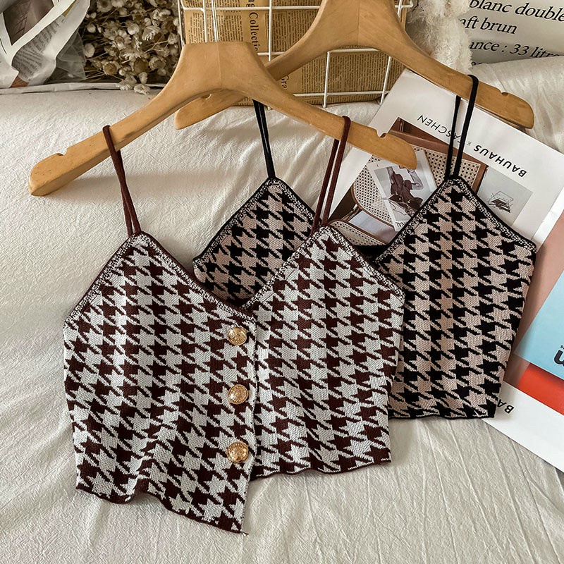 Áo BRa Croptop 2 Dây Cổ Chữ V  Hoạ Tiết Karo Thiết kế Lệch Tà  Quyến Rũ 0095