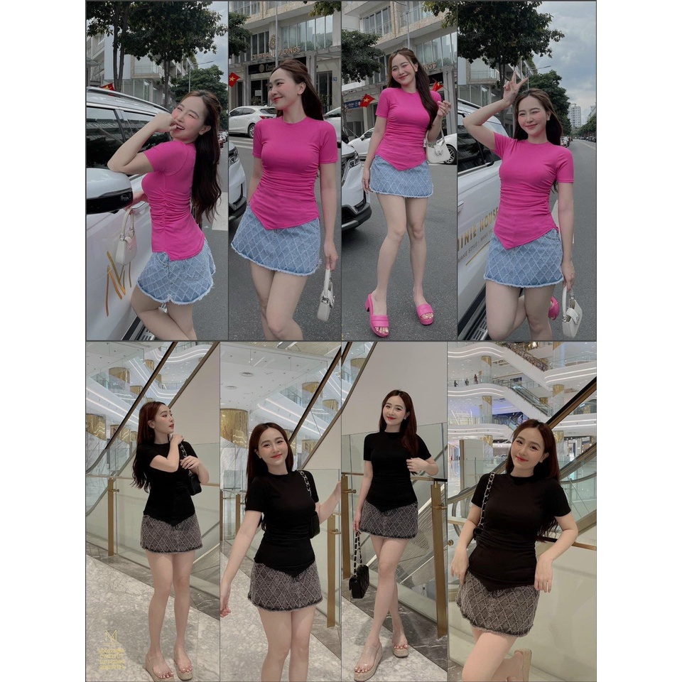Áo kiểu tay ngắn nhúm sườn nhọn tà ôm body cực xinh , chất thun bozip mềm mát
