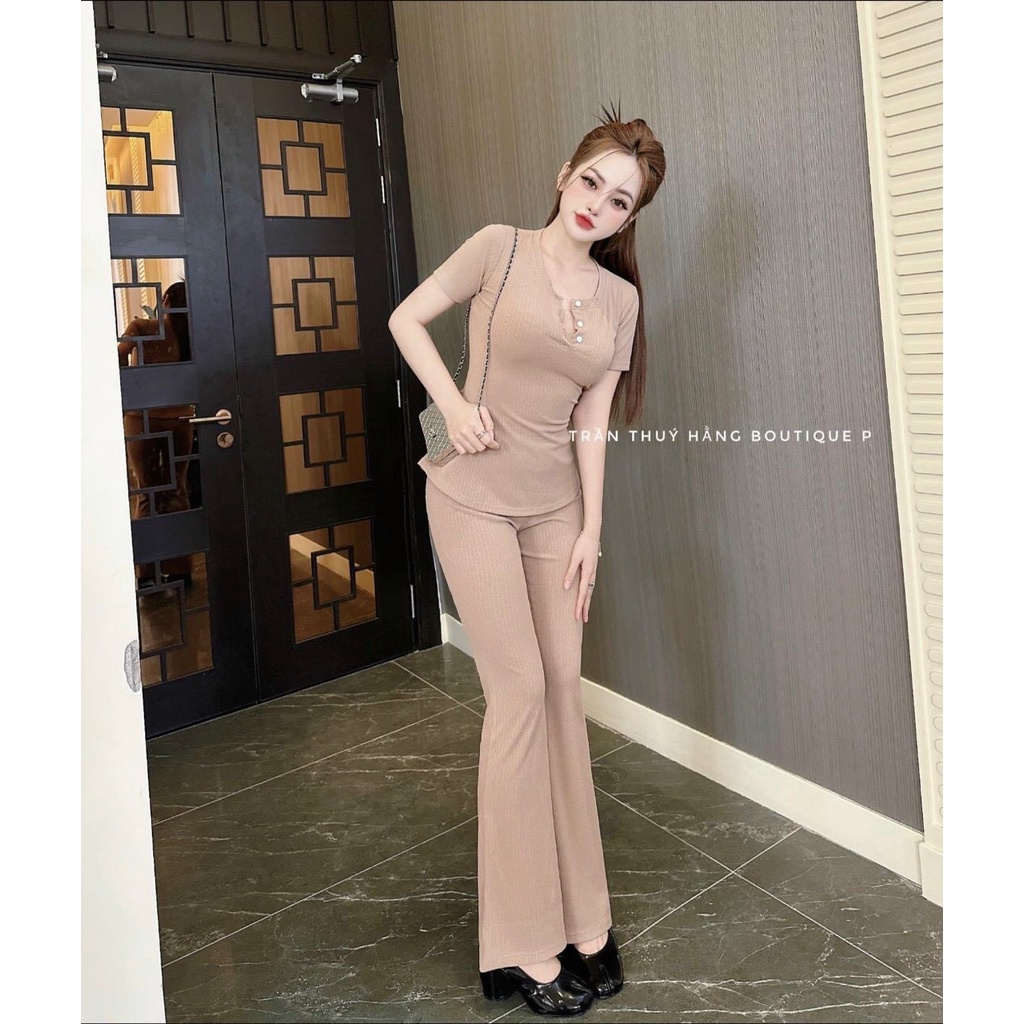 Set bộ nữ thun xốp áo cổ trong tay ngắn đính nút kèm quần dài siêu hack dáng