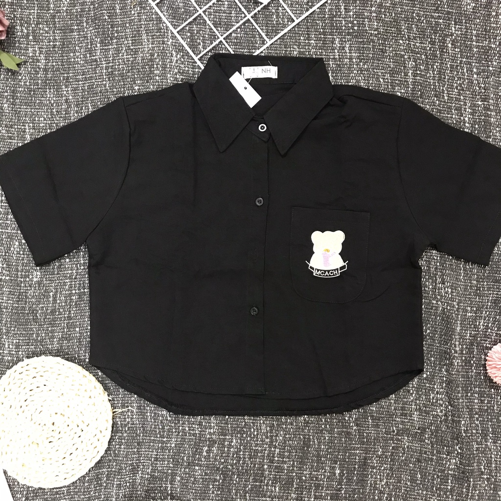 Áo Sơ Mi Nữ 1 Túi Thêu Gấu , Áo Tay Ngắn Phong Cách Croptop " nhắn tin shop lựa màu nha chị"