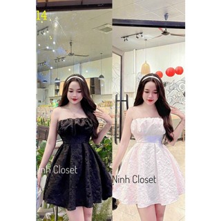 Đầm nữ 2 dây ngọc dáng xòe nhún eo chất gấm họa tiết gân nổi xinh xắn