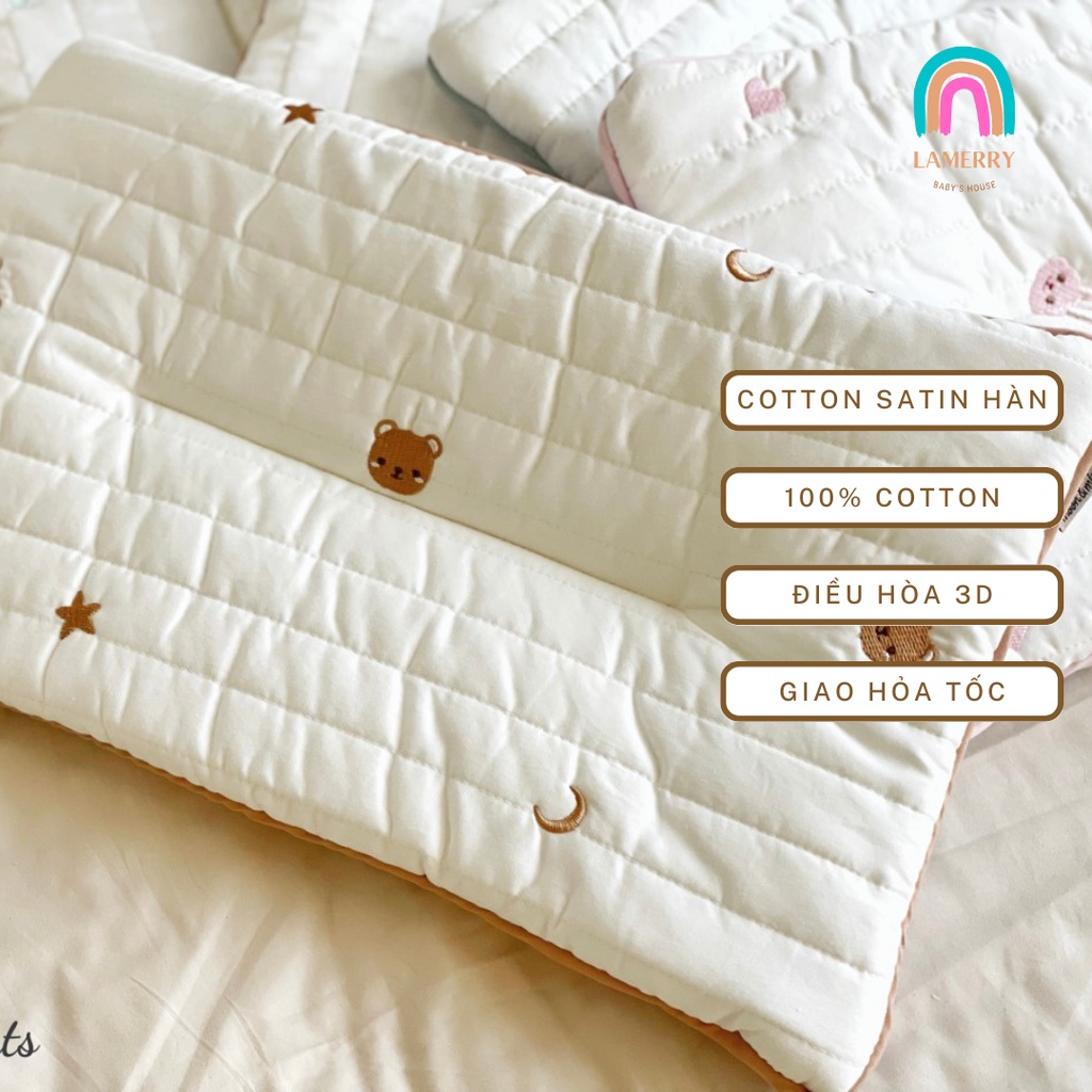 Gối Mỏng Sơ Sinh Chữ Nhật Thêu Họa Tiết Vải Cotton Satin Hàn Quốc Cho Bé, Gối Airmesh Thoáng Khí, Gối Chống Bẹp Đầu Méo