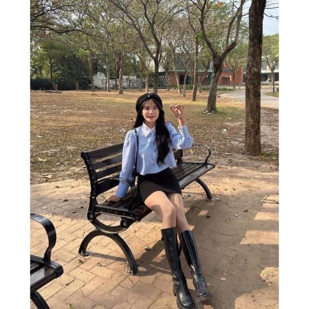 Áo Sơ Mi Nữ Xanh Kẻ Croptop Tay Bồng Mix Cổ Trắng Hàn Quốc Siêu Xinh