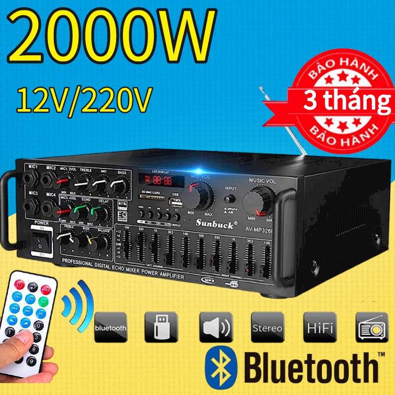 Amply karaoke gia đình,amply sunbuck 326BT,Amply bluetooth,4 cổng mic đa năng nguồn AC 220v hoặc DC 12V