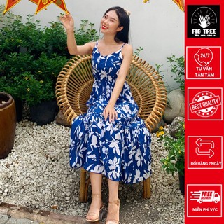 Váy 2 dây Cao Cấp Hoa nền Xanh Dương Nhấn Eo