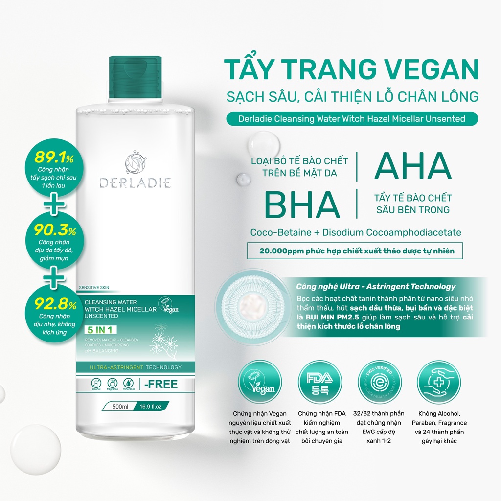 Tẩy Trang Derladie Vegan Sạch Sâu, Cải Thiện Lỗ Chân Lông Derladie Cleansing Water Witch Hazel Micellar Unsented 50 ml