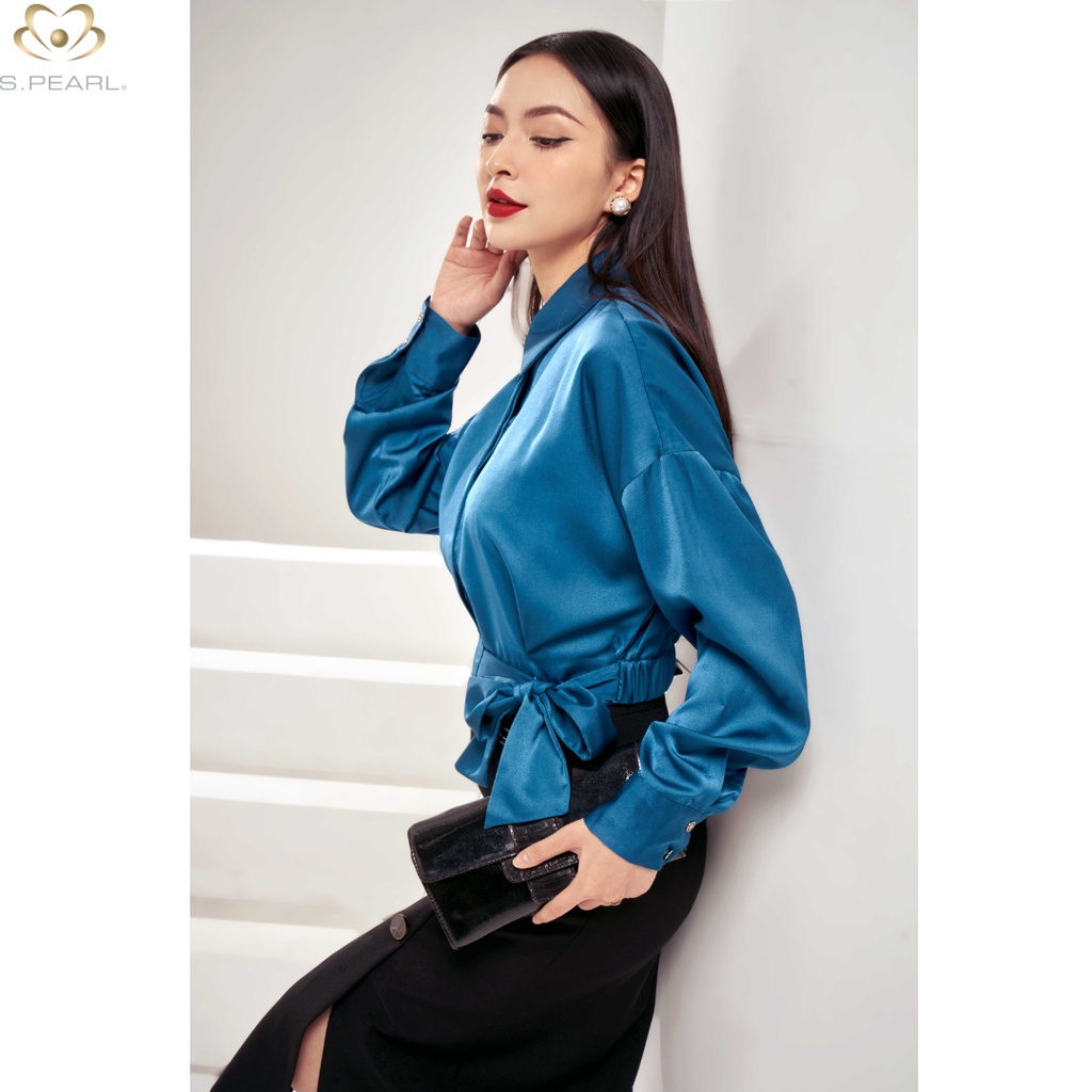 Áo sơ mi nữ Spearl thiết kế chất liệu lụa cao cấp thắt nơ eo sang trọng 22SF6816172