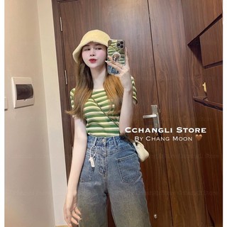 Áo thun croptop nữ tay ngắn kẻ sọc đẹp hàng Quảng Châu, áo phông form ôm kẻ ngang thời trang Hàn Quốc 7919