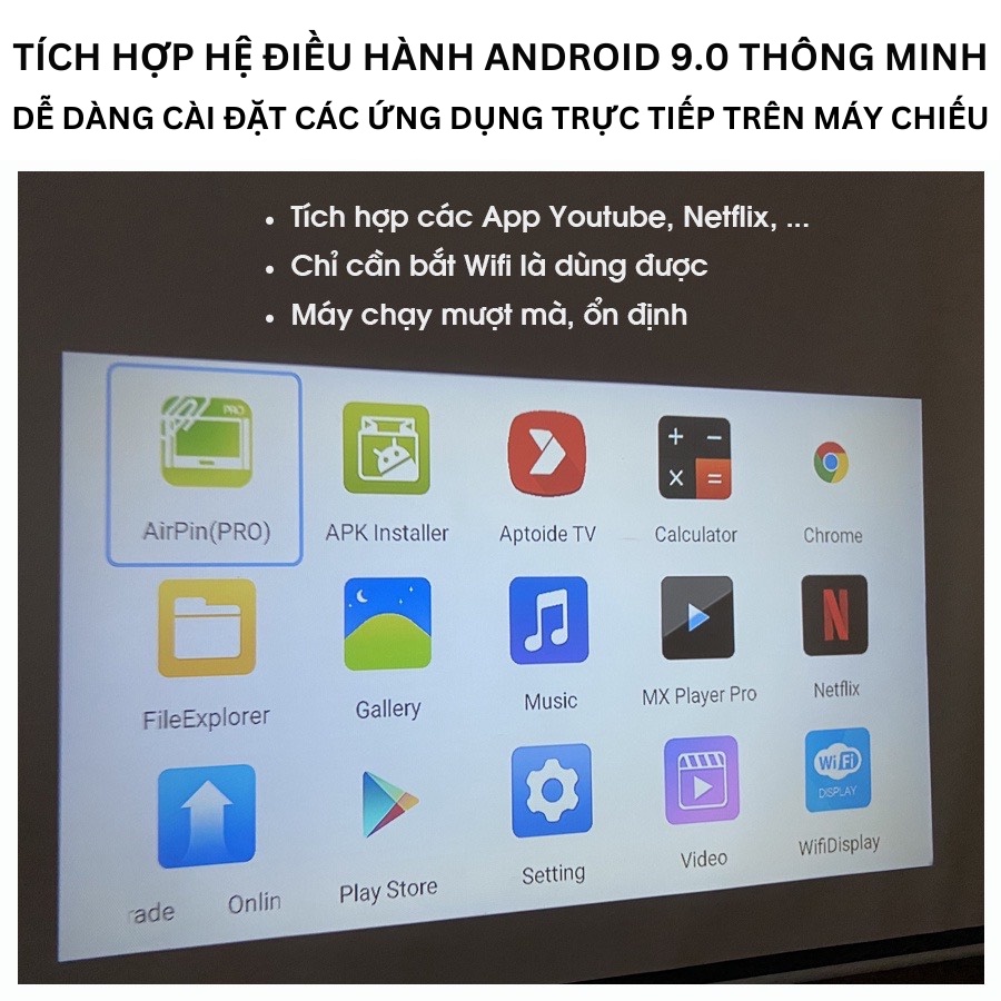 Máy chiếu mini Y9, máy chiếu Android 9.0 FullHD1080P kết nối không dây qua Wifi - Tặng màn hinh chiếu 100 inch - SET2364