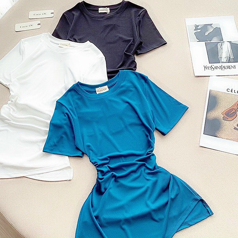 Áo kiểu tay ngắn nhúm sườn nhọn tà ôm body cực xinh , chất thun bozip mềm mát