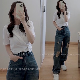 Áo thun gài nút một bên kiểu tay ngắn cổ tròn 4 màu freesize Pumi 14198