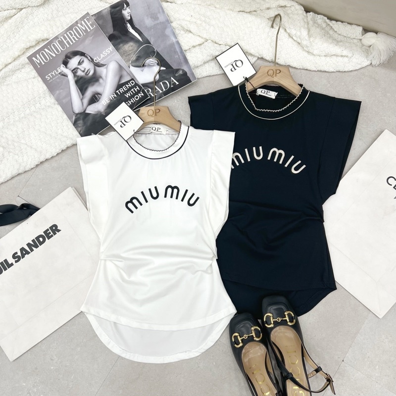 áo phông miu miu nhúm eo cổ viền xinh hàng Qp