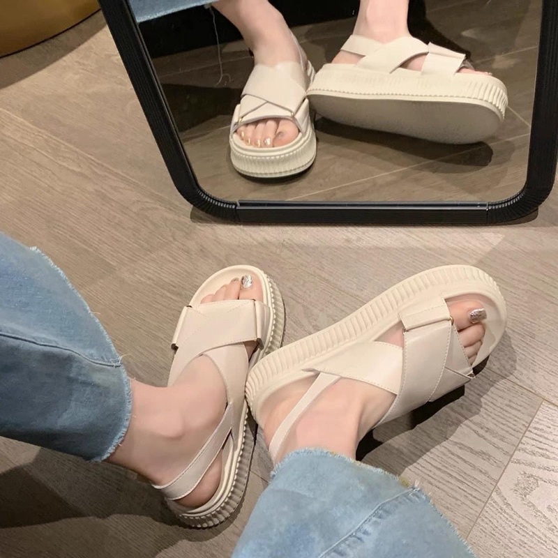 Sandal xuồng 2 quai chéo da mềm cao cấp Hemin Shoes