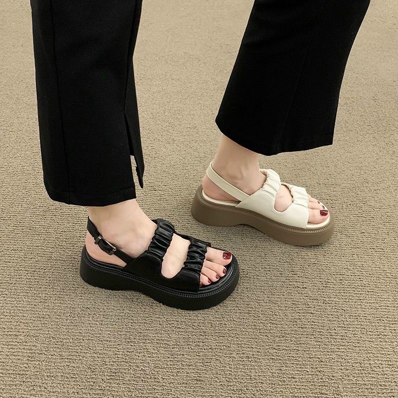Giày Sandal Đế Dày Hở Ngón Quai Nhún Bèo  Phong Cách Hàn Quốc Thời Trang Mùa Hè Màu Đen 2022 Dành Cho Bạn Nữ