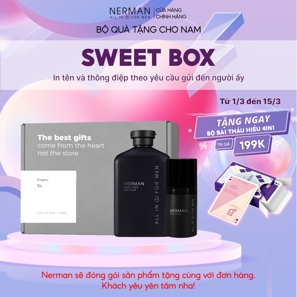 Bộ quà tặng nam giới SWEET BOX Nerman - Sữa tắm gội hương nước hoa 3in1 350ml & Kem dưỡng trắng giảm thâm mờ sẹo 30ml