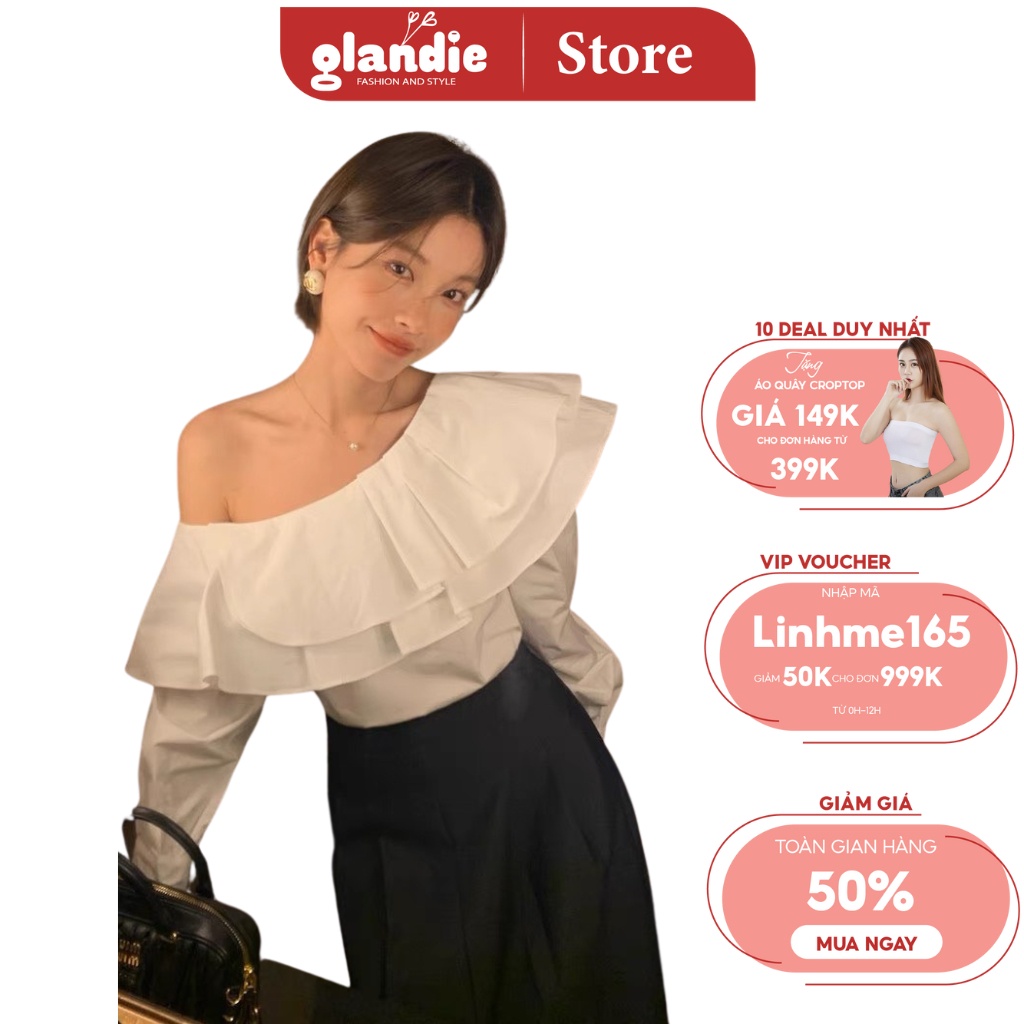 Áo sơ mi lệch vai Glandie vai bèo phong cách.