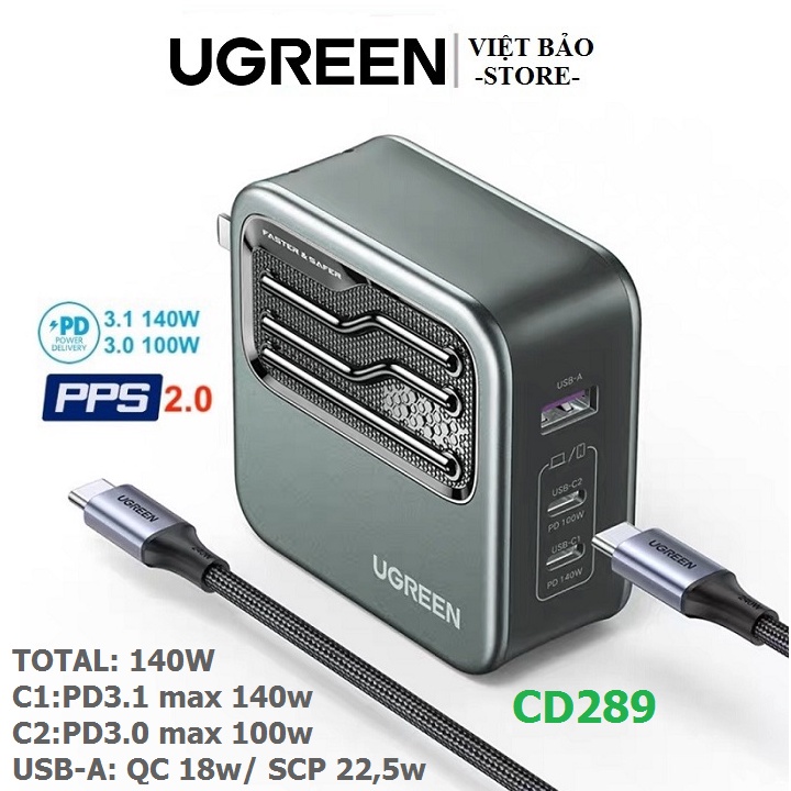 Bộ củ sạc nhanh 140W Ugreen Nexode GaN Fast Charge 2C1A (CD289)- Hỗ trợ  PD3.1/PPS2.0/QC3.0/FCP/SCP