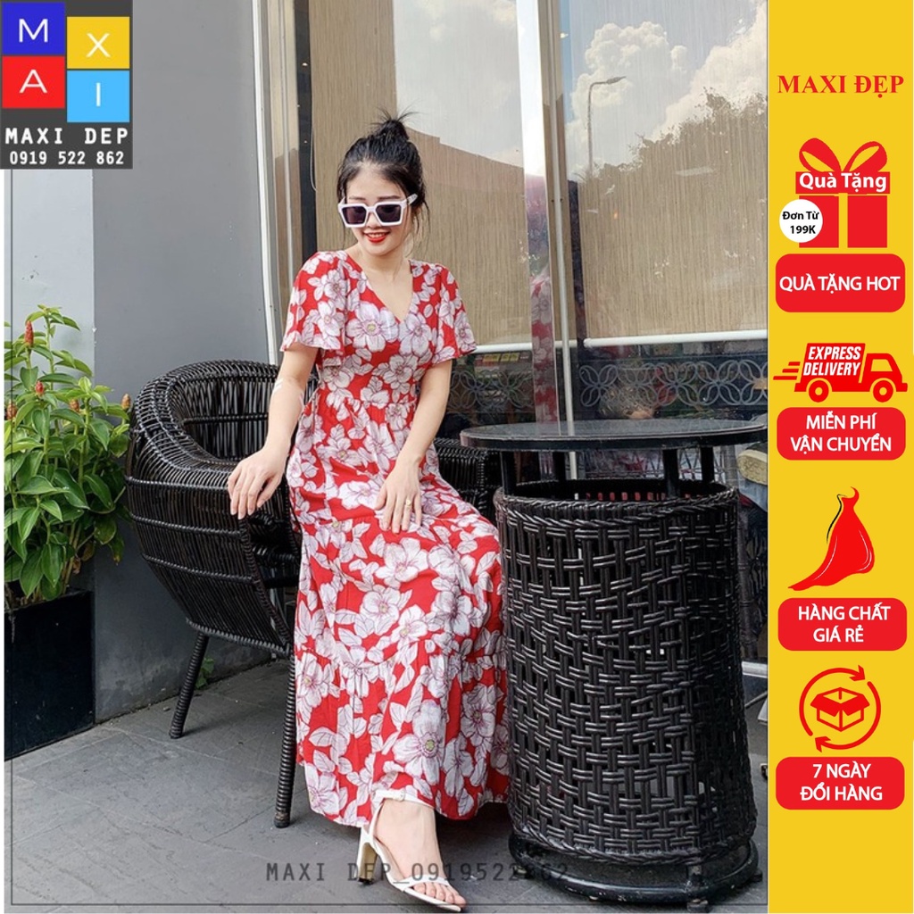 Đầm Cổ Tim Tay Cánh Tiên Bồng Cao Cấp Hoa Trắng Đỏ Đẹp Sang Chảnh ( Thiết Kế Nhà Maxi Đẹp Full Size Đến 75Kg)
