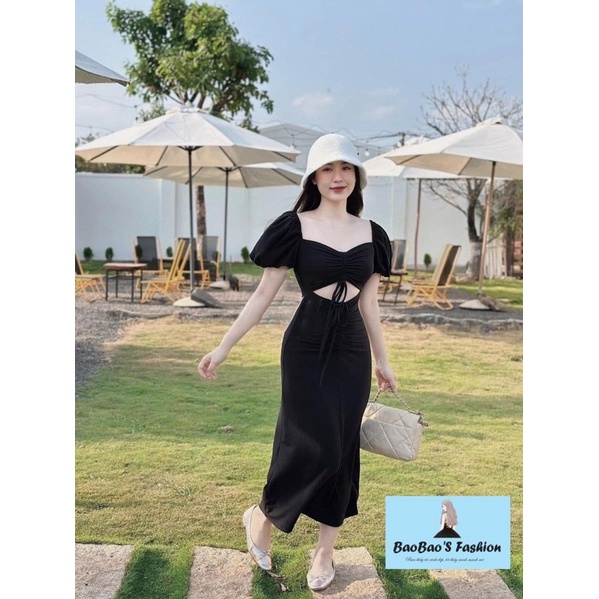 Đầm tăm đen hở eo rút dây ngực cuốn hút .