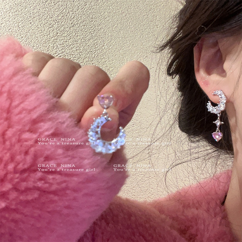 Đôi Khuyên Tai Hình Mặt Trăng / Trái Tim Đính Đá Zircon Thời Trang Cho Nữ