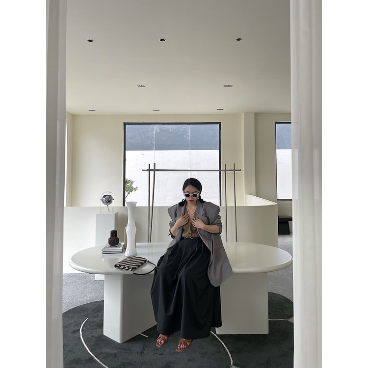 Chân Váy Xếp Ly Dài Tới Mắt Cá Chân Eo Cao Màu Xám Phong Cách Mới Dành Cho Bạn Nữ Studio