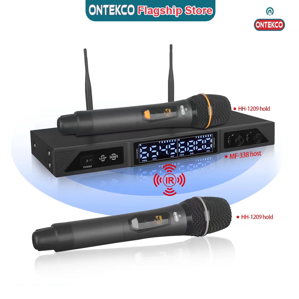 Micro không dây ONTEKCO MF338 đen cao cấp đa năng dùng cho mọi loại loa kéo, amply sóng UHF