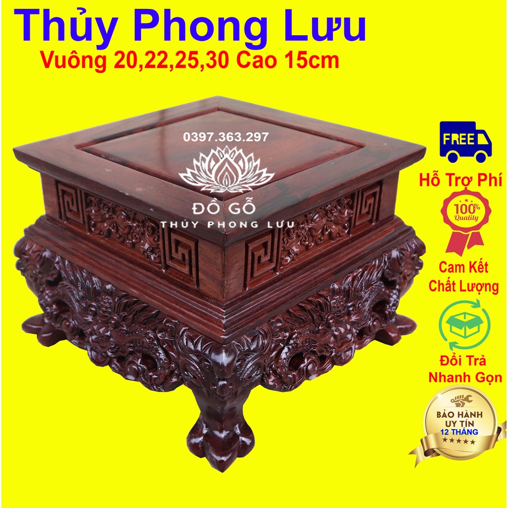 Đôn đế vuông kỷ chân rồng song long gỗ cẩm cao 15cm