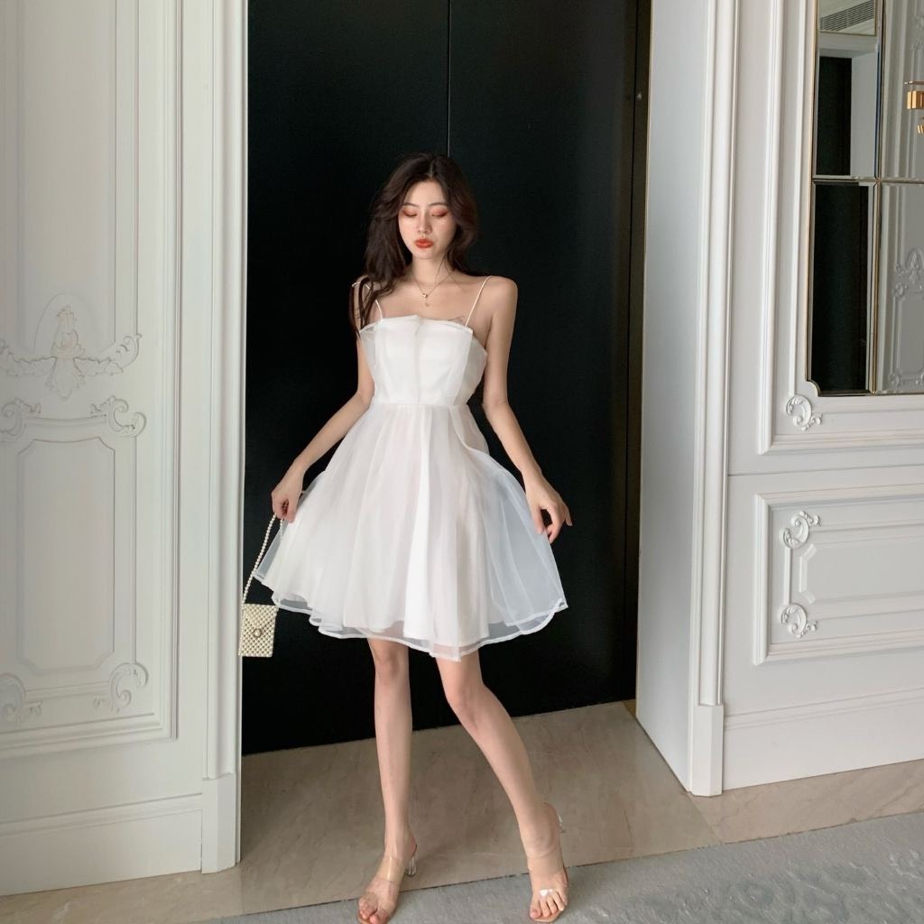 Váy Voan Xếp Li Bánh Bèo 2 Lớp Bánh Bèo Có Sẵn Đệm Ngực, Váy Cúp Ngực Tiểu Thư