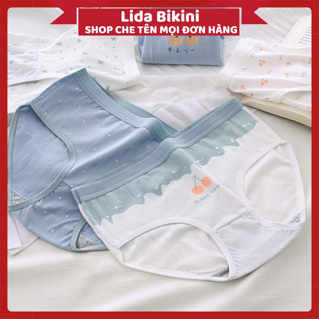 Quần Lót Nữ Lida Cotton cao cấp gân tăm họa tiết cute cherry tone xanh mềm mại MÃ CS06