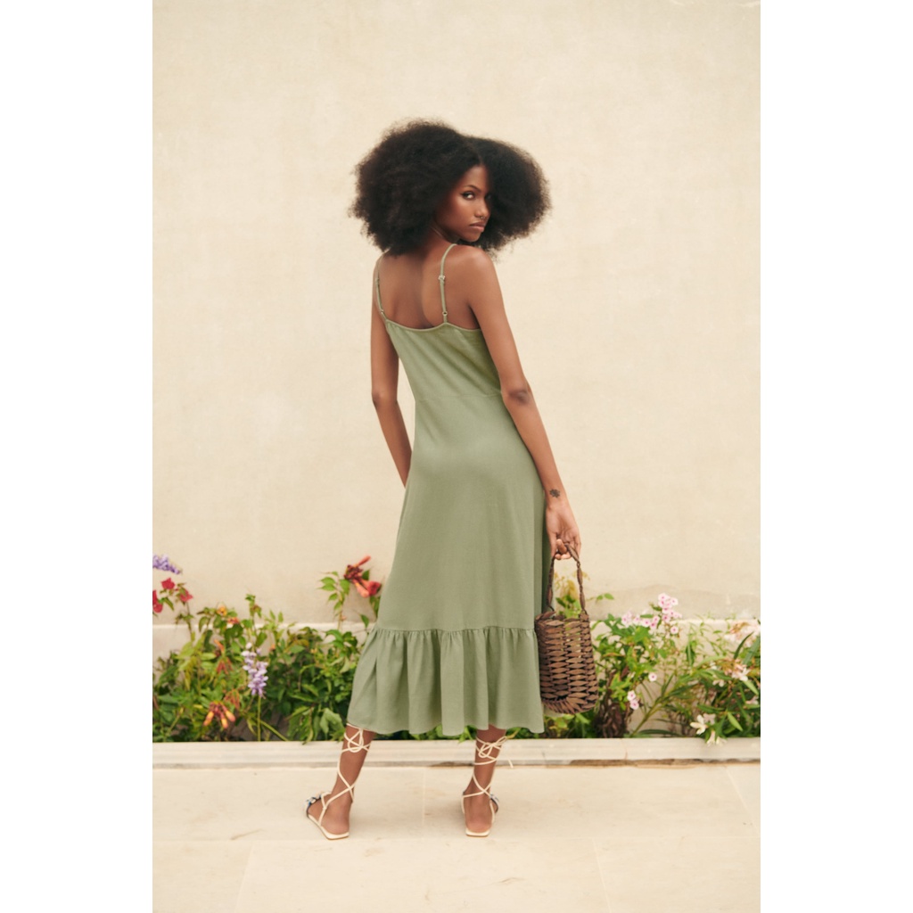 ZARA Đức - Đầm midi maxi dài hai dây cổ V đũi pha viền xòe cúc cài trước màu xanh lá sale auth new có sẵn 7980/939