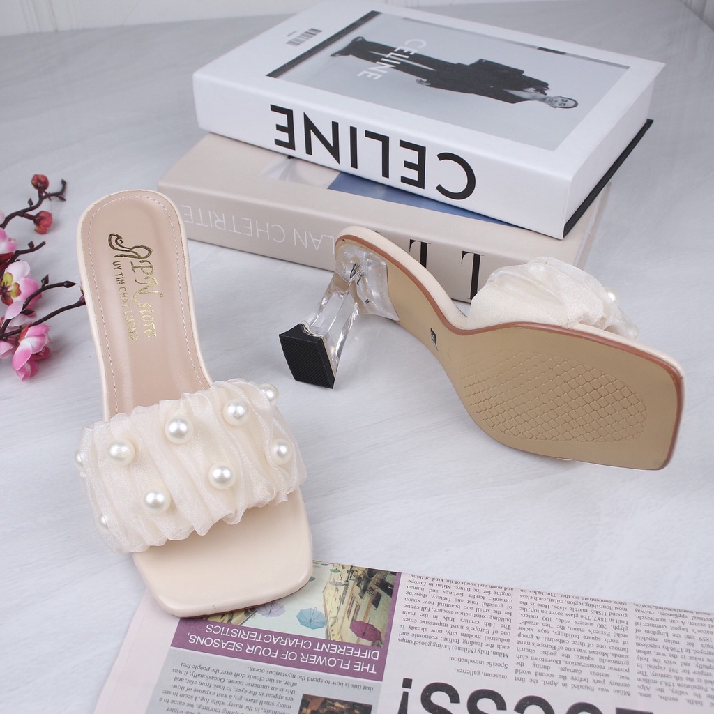 Guốc cao gót vuông trong 7p quai bản nhún ren kết hạt châu lớn G21