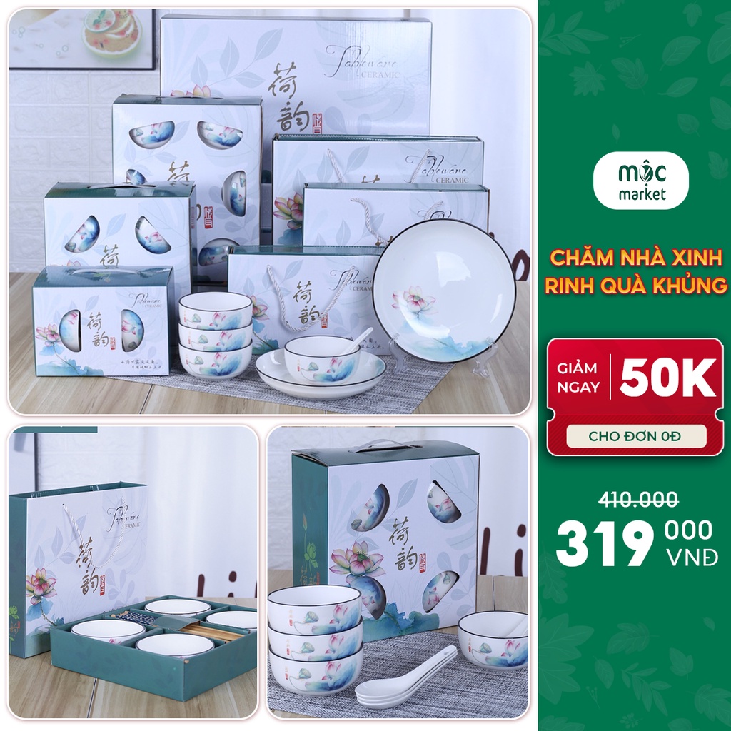 Bộ chén bát đĩa sứ màu trắng họa tiết hoa sen đủ món cao cấp (10 món)