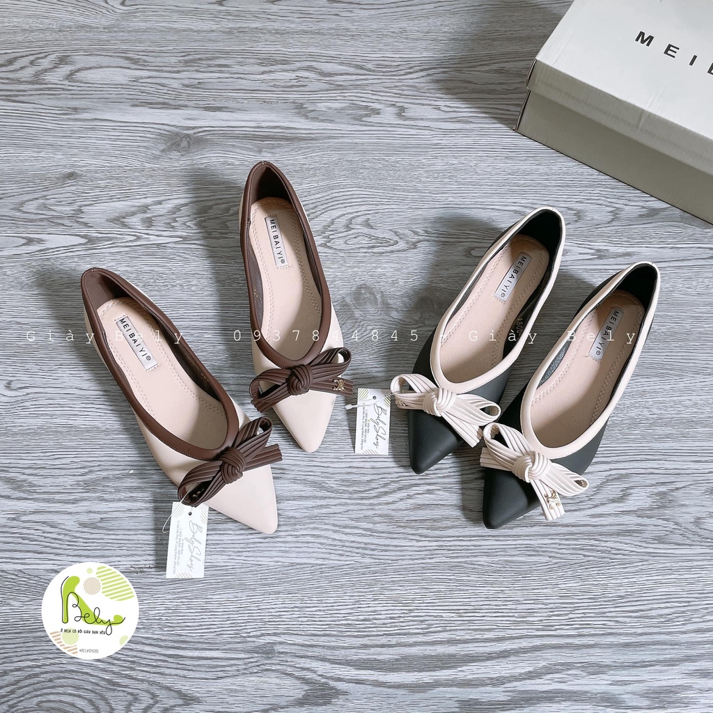 A600-1 Bely. Shoes_Búp bê bệt hãng MEIBAIYI, giày búp bê thấp mũi nhọn da mềm phối nơ, hàng QCCC