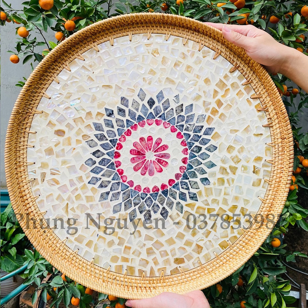 Mâm Khảm Trai Đường Kính 50cm, Mâm Mây Tre Đan Dercor, Khay Mây Đựng Đồ Đa Năng Decor Trang Trí Nhà Cửa