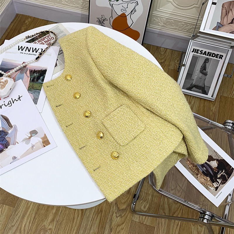 Áo khoác dạ tweed nữ dáng ngắn cúc đồng sang chảnh, tiểu thư 2 màu siêu xinh
